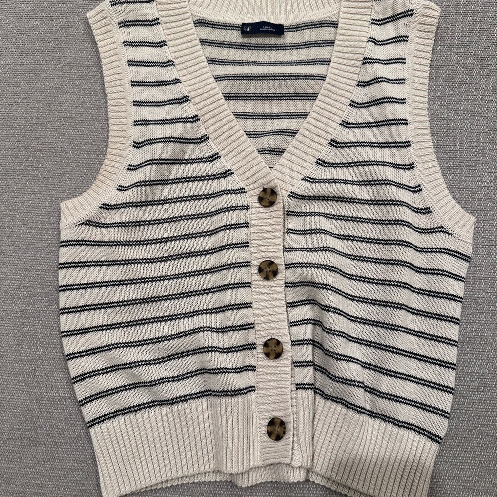 GAP Cream and Black Striped V-Neck Sweater Vest